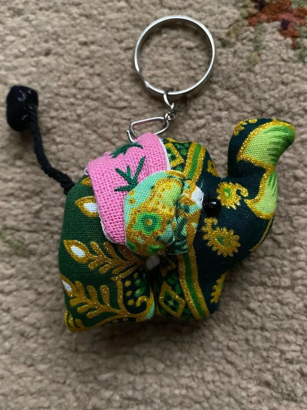 green/pink/gold handmade indian elephant keychain